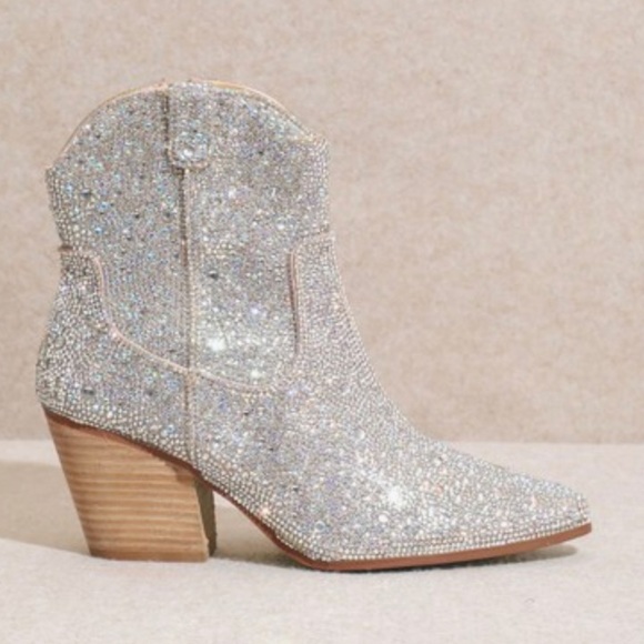 MIIM ANGEL Silver Rhinestone Gem Embellished Ankle Western Heeled Cowboy Boot - Picture 3 of 12